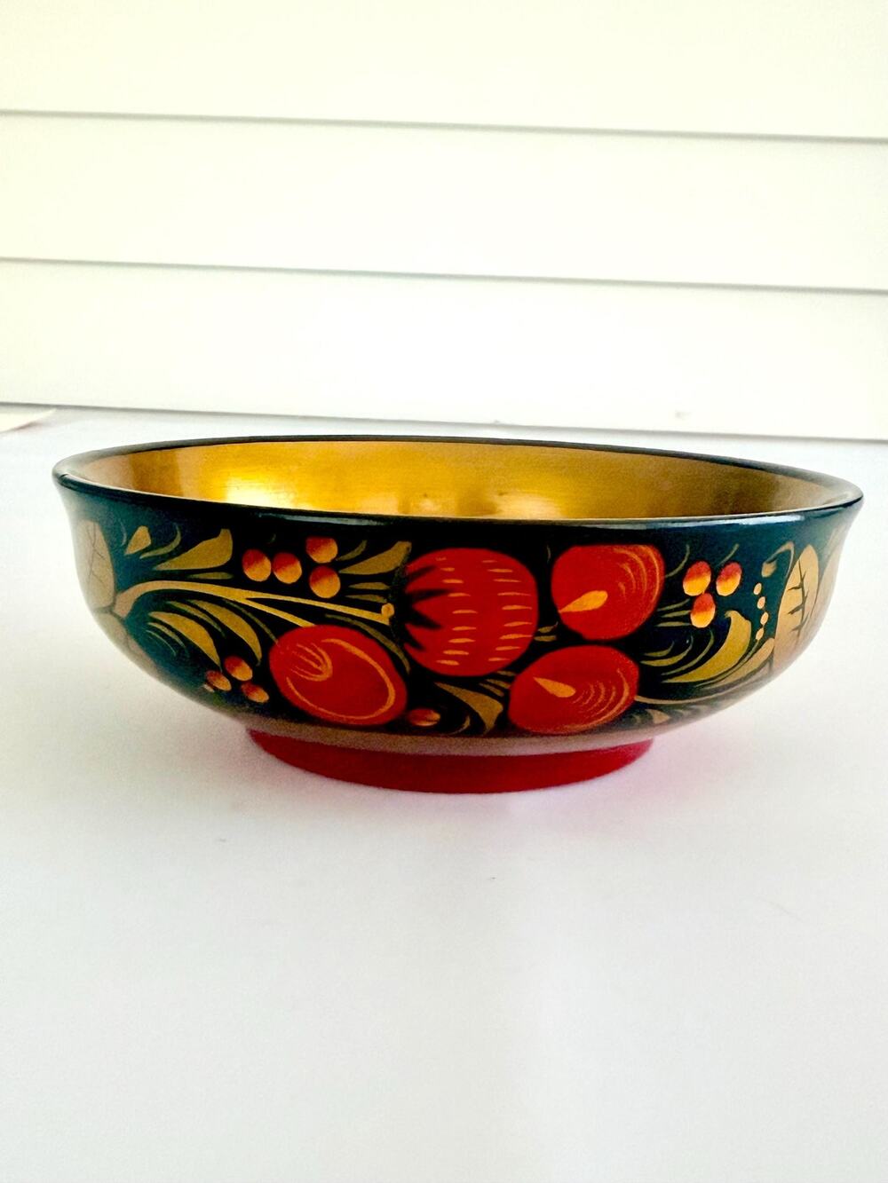 Vintage Hand Painted Folk Art Wood Lacquer Floral Bowl Trinket Dish Russian